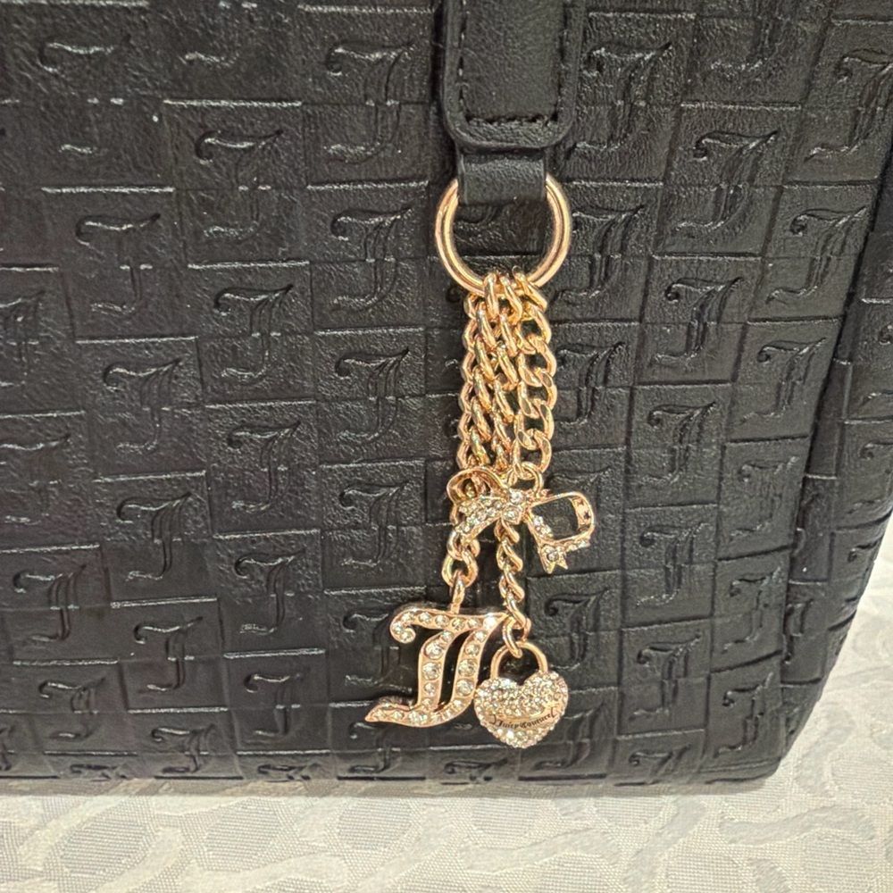 NWT Juicy Couture Lucky Charms Mini Tote Bag Black Monogram w/ Gold Charm - Picture 3 of 8